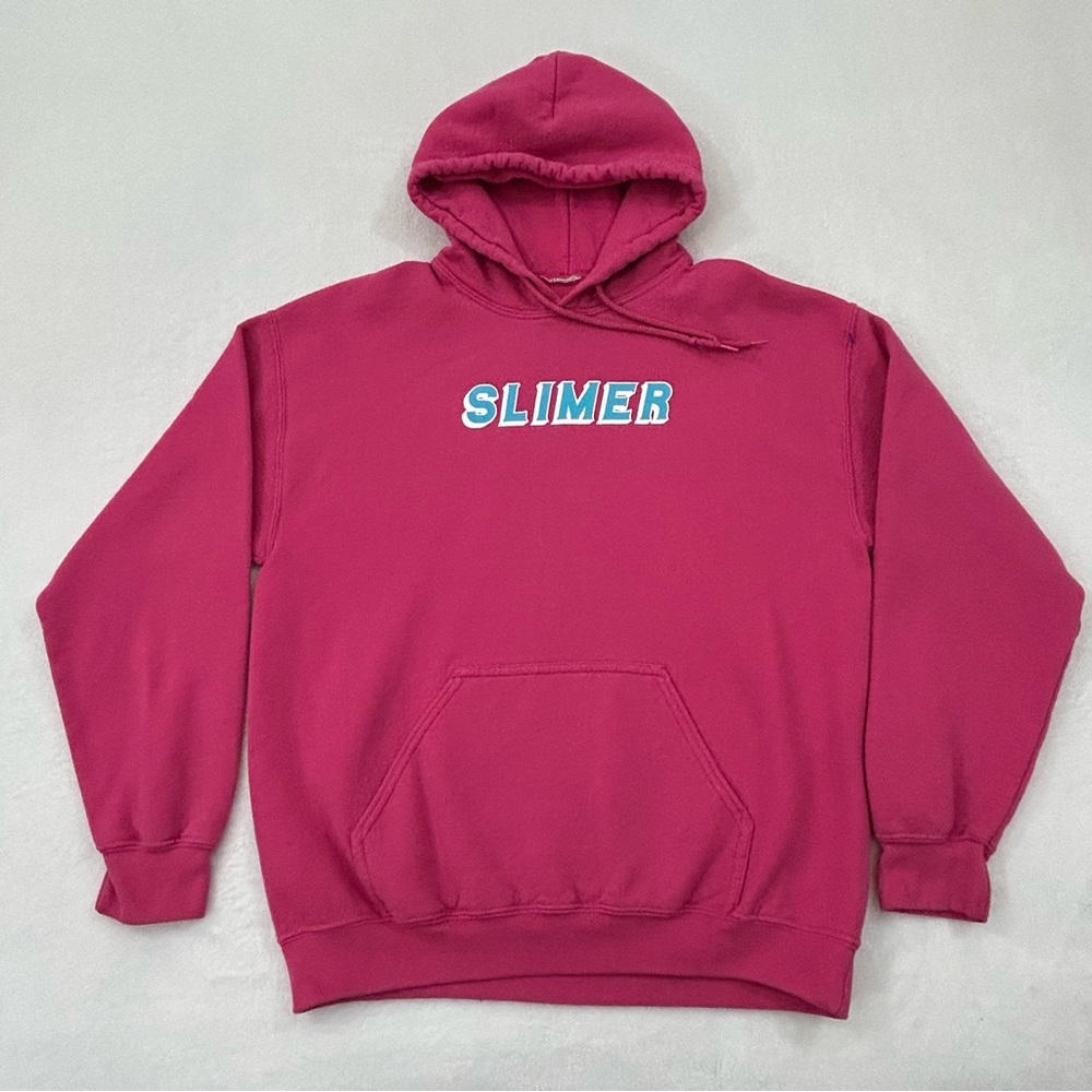 Slimer Teal Blue Spell Out Graphic Pink Pullover Hoodie Sweatshirt unisex size S